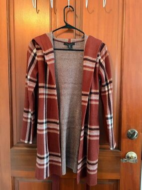 Tahari Rust Plaid Hooded Open-Front Cardigan